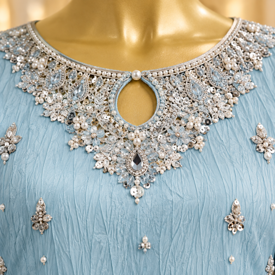 Powder Blue Embroidered Sharara Set | Silver & Pearl Neckline Work | 3 Piece Pakistani Formal Sharara | Sheer Dupatta & Matching Potli | Formal Collection — view 3 — Organza by Bawany Threads & Style