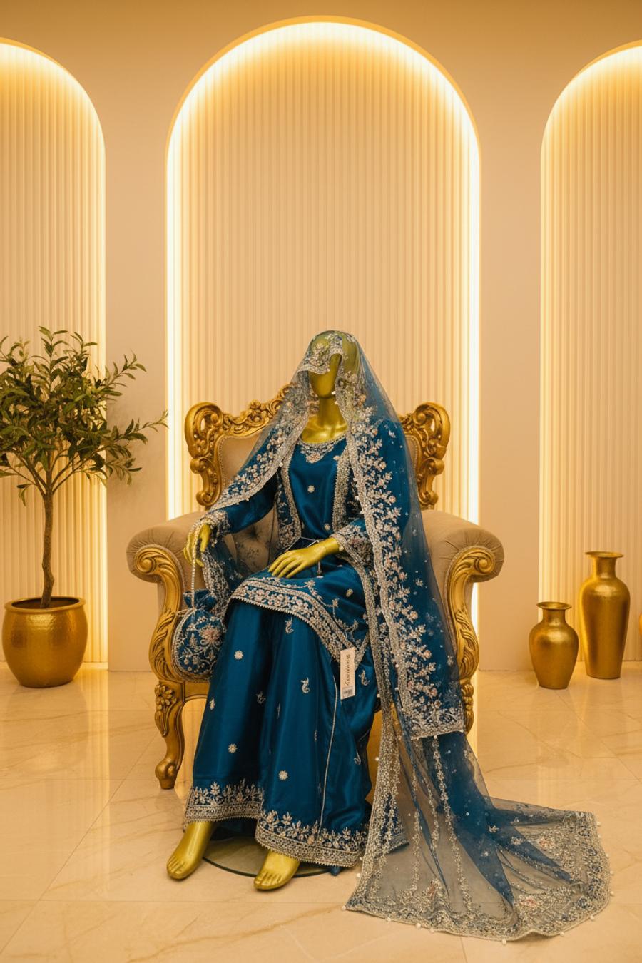 Teal Blue Velvet Gharara Set | Embroidered Net Shrug with Veil & Potli Bag — view 3 — Bridal by Bawany Threads & Style