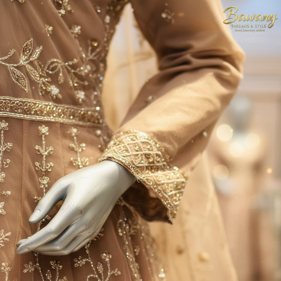 Rose Gold Bridal Anarkali Gown | Silver Zardozi Vine Embroidery & Spaced Floral Spray Motifs | 2-Piece Pakistani Formal Wear | Dusty Rose Wedding Gown | Matching Champagne Dupatta | Walima & Nikah Collection — view 3 — Net by Bawany Threads & Style