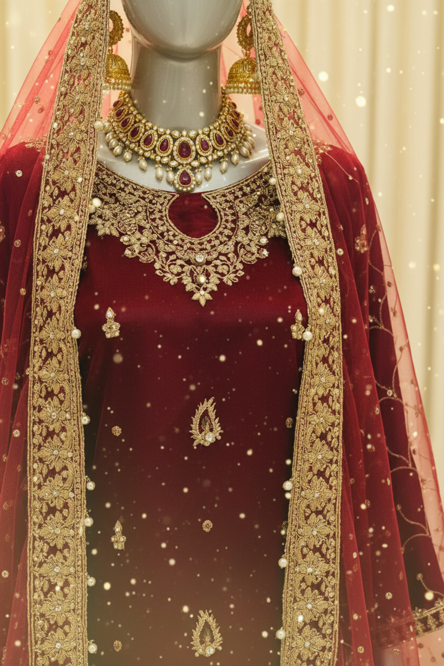 Deep Maroon Wine Velvet Gharara Set | Gold Booti Embroidery with Pink Dupatta — view 3 — Bridal by Bawany Threads & Style