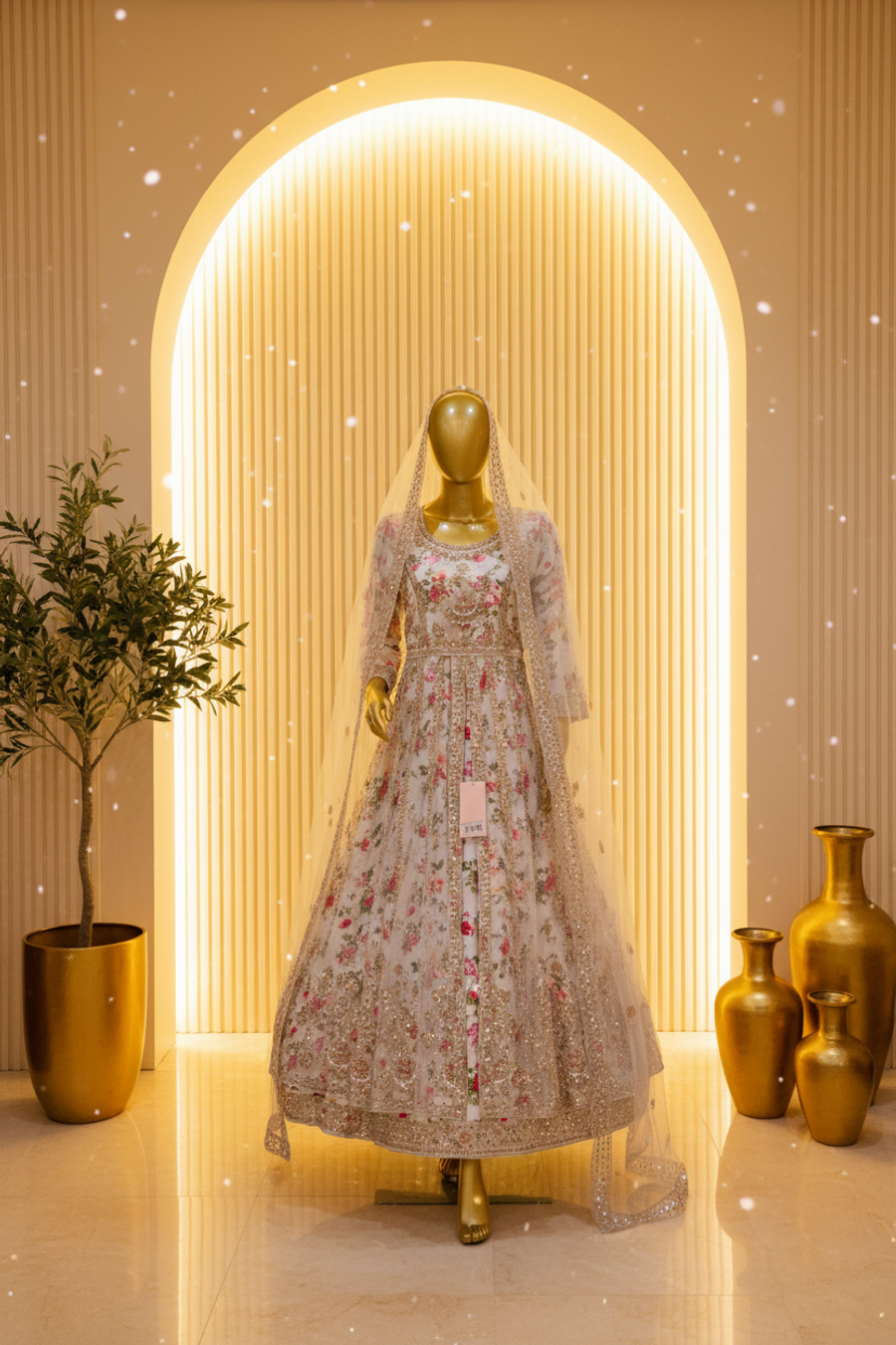 White Ivory Floral Net Anarkali Gown | Silver Crystal Embroidery & Scalloped Hem — view 3 — Bridal by Bawany Threads & Style
