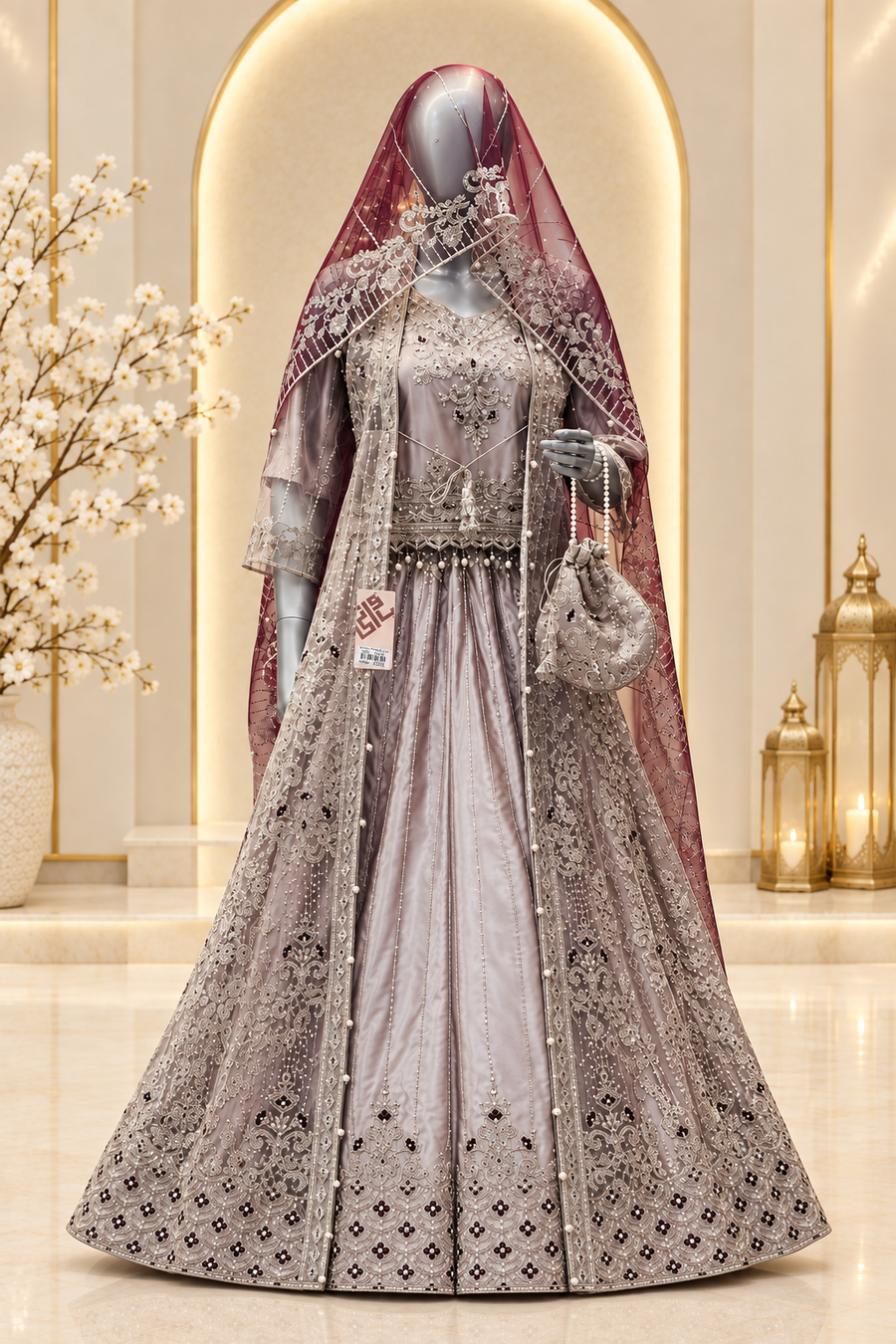 Smoky Mauve Grey Wine Rose Ensemble | Metallic Floral Embroidery & Dark Floral Accents | Open-Front Layered Dress | Burgundy Veil & Pearl-Handled Potli | BAWANY Threads & Style — Bridal by Bawany Threads & Style