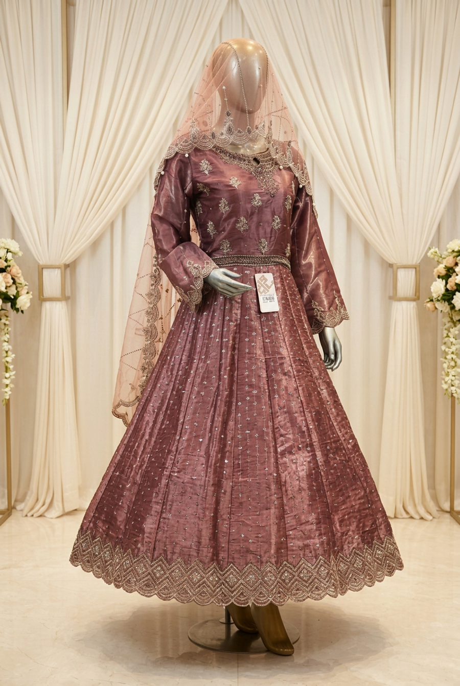 Plum Rose Scalloped Majesty | Metallic Botanical Embroidery & Geometric Hem | Pakistani Formal Flared Gown | Embellished Blush Dupatta | BAWANY Collection — view 3 — Formals by Bawany Threads & Style
