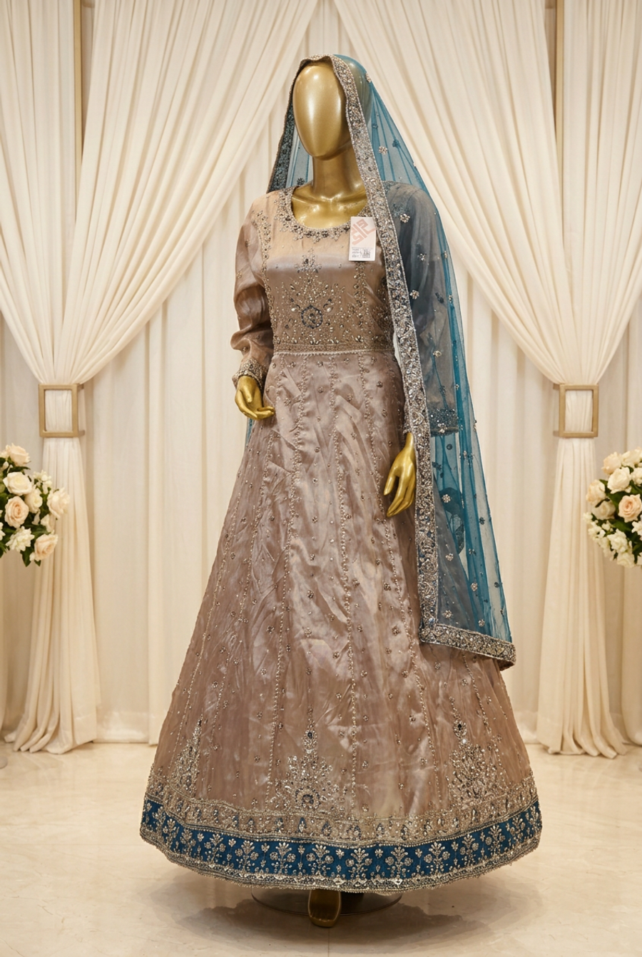 Taupe Champagne Teal Majesty | Floral Embroidery & Teal Statement Border | Pakistani Formal Flared Gown | Sheer Teal Dupatta | BAWANY Collection — view 4 — Organza by Bawany Threads & Style