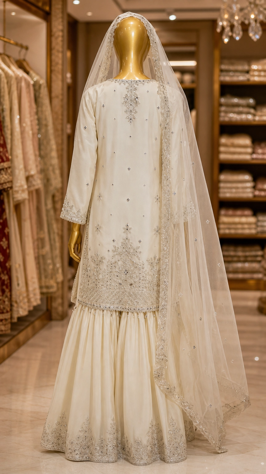 Ivory Pearl Gharara Set – Silver Embroidered Bridal 3-Piece — view 2 — Bridal by Bawany Threads & Style