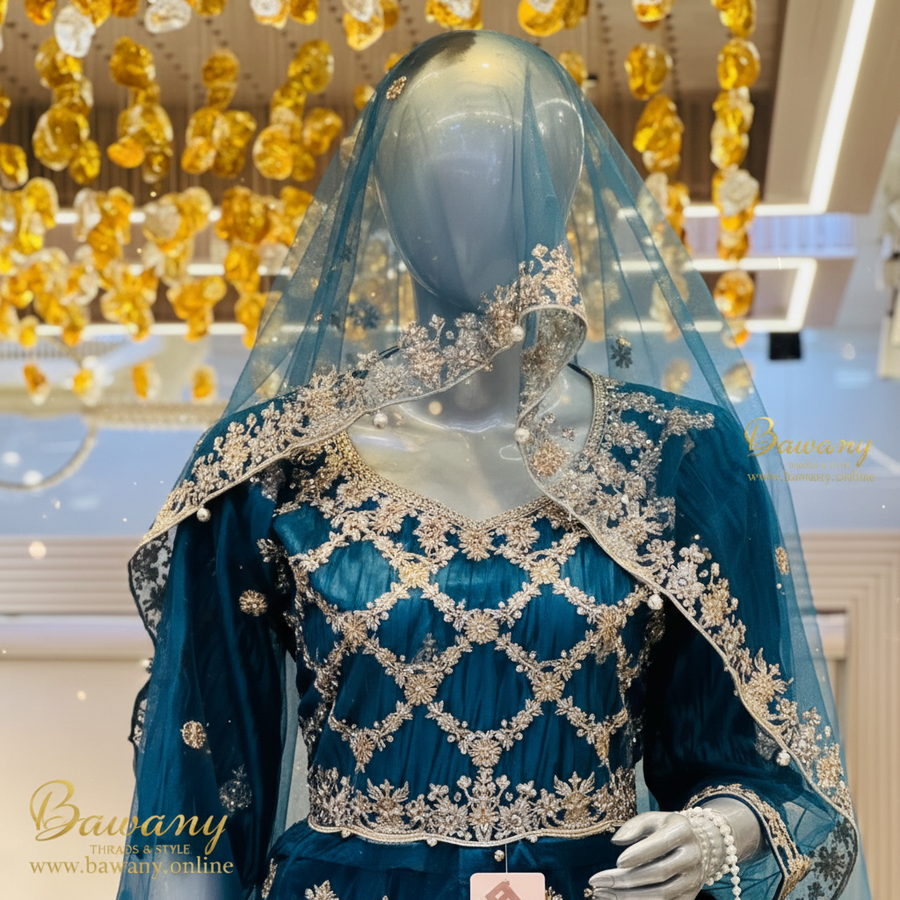 Teal Bridal Lehenga | Diamond Lattice Silver Zardozi Blouse & Large Floral Bouquet Skirt | 3-Piece Pakistani Bridal Wear | Peacock Blue Wedding Lehenga | Sky Blue Dupatta & Teal Potli Bag | Barat Collection — view 4 — Formals by Bawany Threads & Style