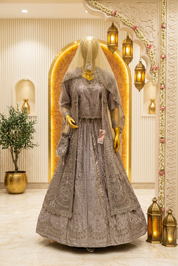 Taupe Grey Royal Bloom | Metallic Floral Overlay & Embroidered Flared Skirt | Pakistani Formal Ensemble | Sheer Veil & Matching Potli | BAWANY Collection — Organza by Bawany Threads & Style