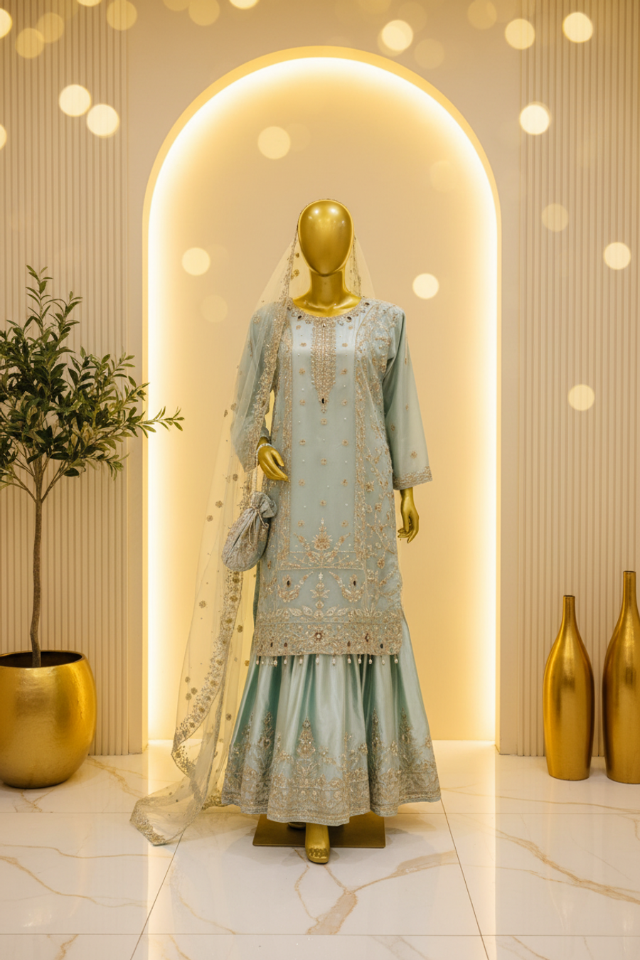 Mint Ice Blue Organza Gharara Set | Gold Silver Zardozi Embroidery & Pearl Tassel Drops — view 4 — Bridal by Bawany Threads & Style