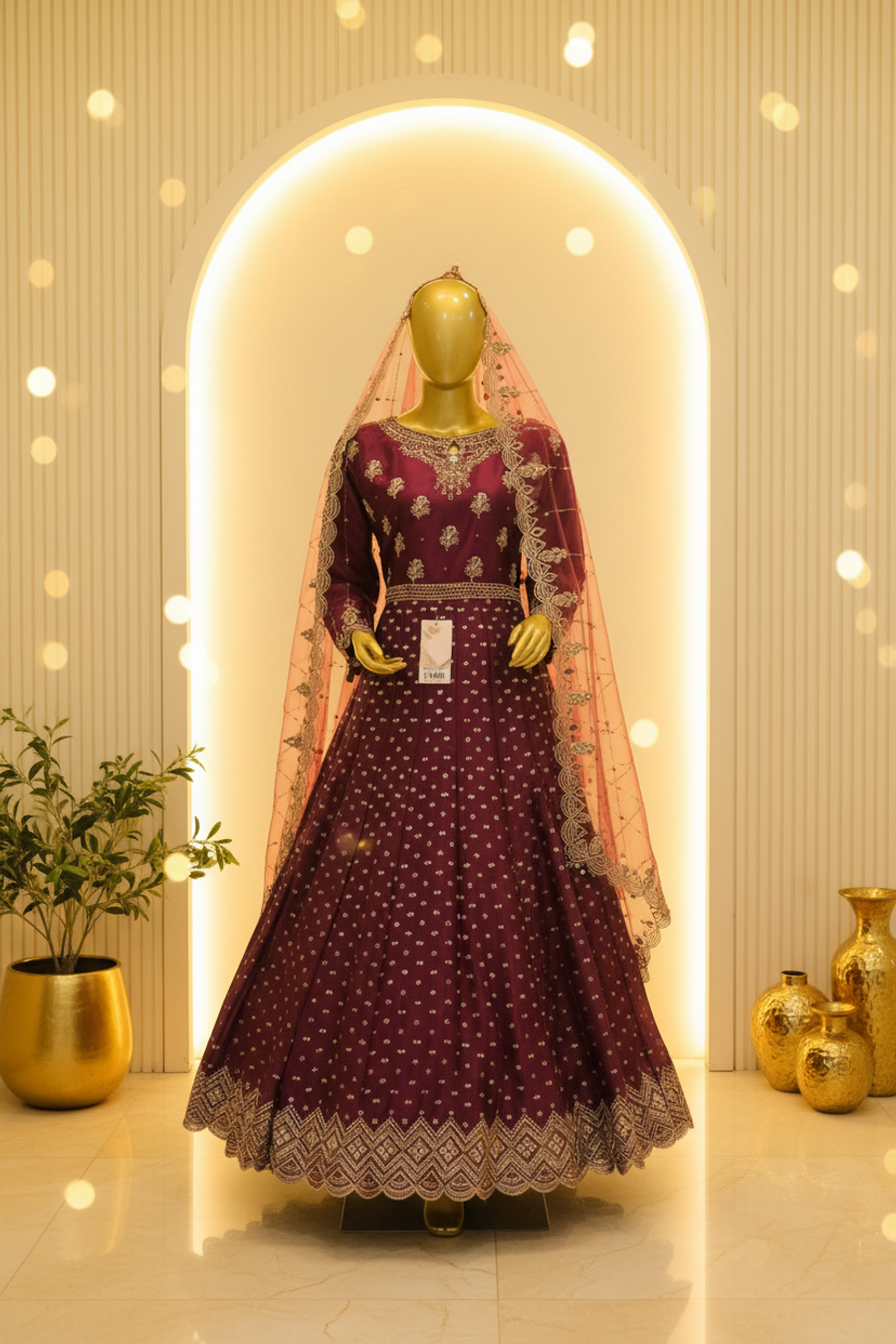 Deep Plum Wine Silk Anarkali Gown | Gold Silver Floral Booti & Matching Veil — Bridal by Bawany Threads & Style