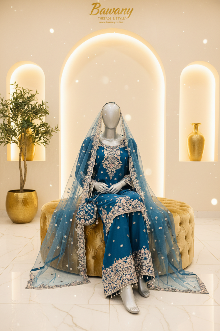Peacock Teal Bridal Palazzo Set | V-Neckline Silver Zardozi Panel & Pink Blush Florals & 4-Petal Star Motifs | 3-Piece Pakistani Formal Wear | Deep Teal Georgette Kurti & Palazzo | Pearl Tassel Borders | Sky Blue Dupatta & Teal Potli Bag | Walima & Formal Collection — view 2 — Formals by Bawany Threads & Style