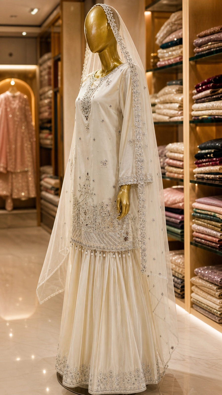 Ivory Pearl Gharara Set – Silver Embroidered Bridal 3-Piece — view 3 — Bridal by Bawany Threads & Style