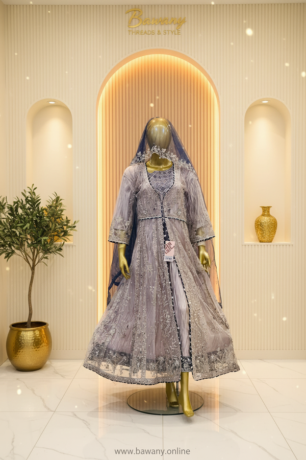 Lavender Grey Bridal Jacket Set | Crinkle Net Open Jacket & Silver Thread Lines & Scalloped Fringe Borders | 3-Piece Pakistani Bridal Wear | Dusty Mauve Wedding Jacket | Navy Blue Dupatta | Diamond Lattice Inner Bodice | Nikah & Walima Collection — Formals by Bawany Threads & Style
