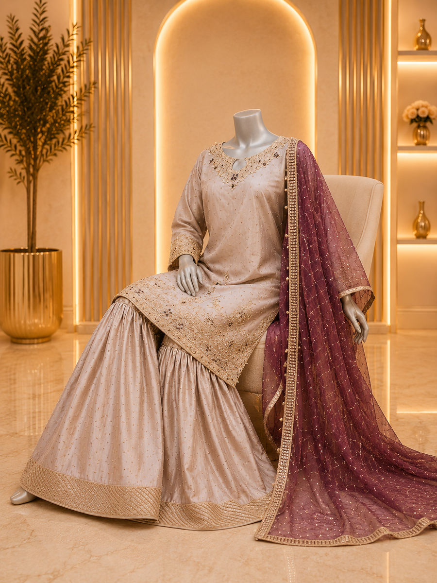 Beige Heavy Embroidered Sharara Suit with Purple Net Dupatta — view 3 — Bridal by Bawany Threads & Style