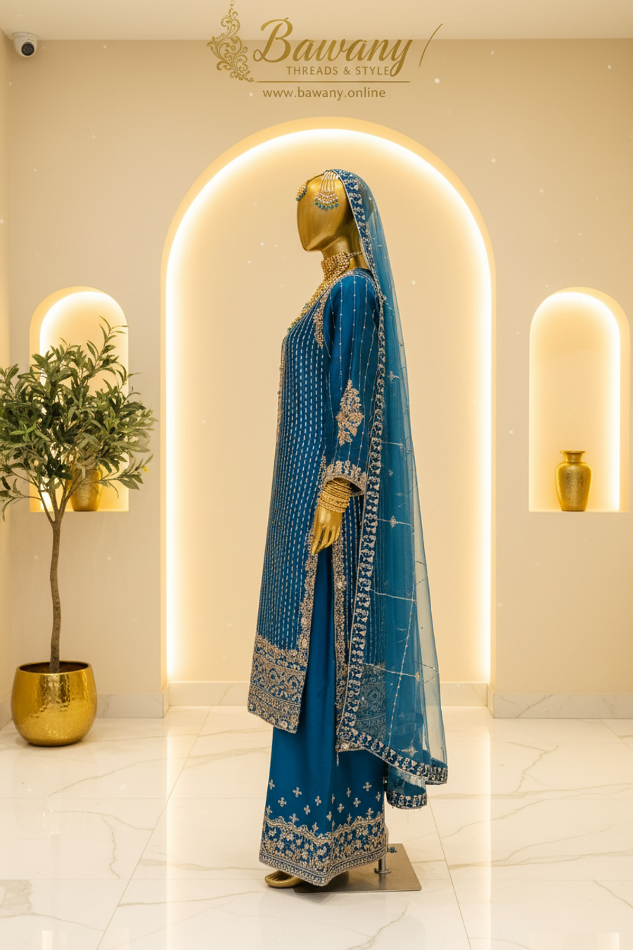 Teal Blue Formal Suit | Vertical Silver Sequin Dots & Central Zardozi Bouquet | 3-Piece Pakistani Formal Wear | Peacock Blue Kurti Palazzo Set | Floral Vine Cuff Border | Matching Teal Dupatta | Eid & Wedding Collection — view 2 — Organza by Bawany Threads & Style