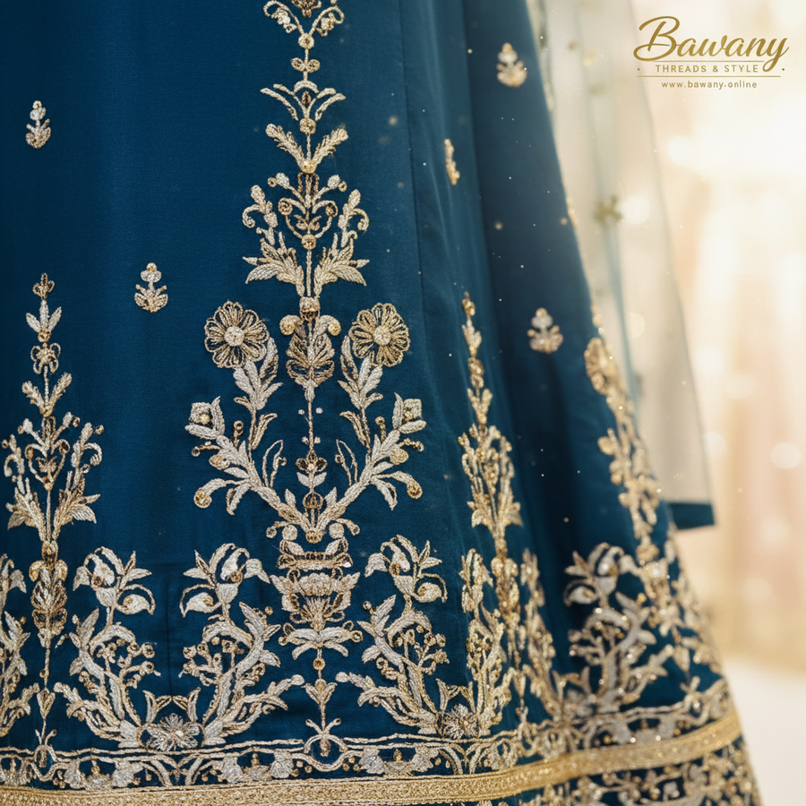 Teal Blue Bridal Sharara Set | Floral Medallion Chest & Floral Vine Panels & Pearl Tassel Hem Borders | 3-Piece Pakistani Bridal Wear | Peacock Blue Wedding Sharara | Powder Blue Dupatta | U-Placket Zardozi | Walima & Barat Collection — view 4 — Tissue by Bawany Threads & Style