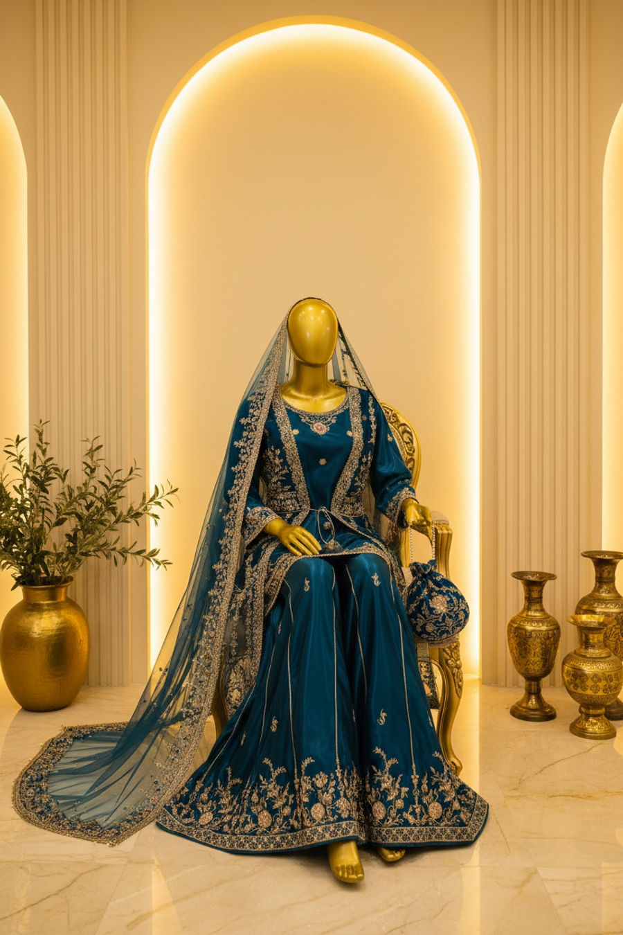 Teal Blue Silk Gold Zardozi Gharara Set | Bridal Gharara with Dupatta & Potli Bag — view 3 — Bridal by Bawany Threads & Style