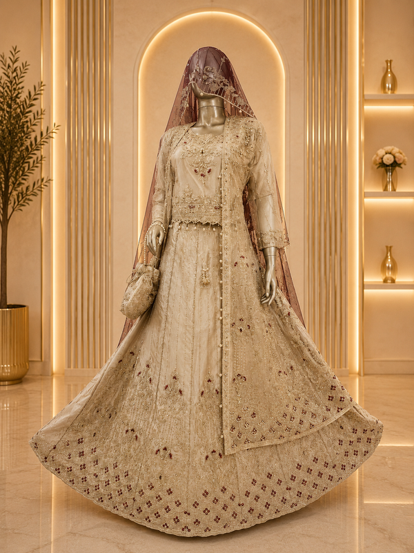Luxury Net Pishwas with Maroon Dupatta — Net by Bawany Threads & Style
