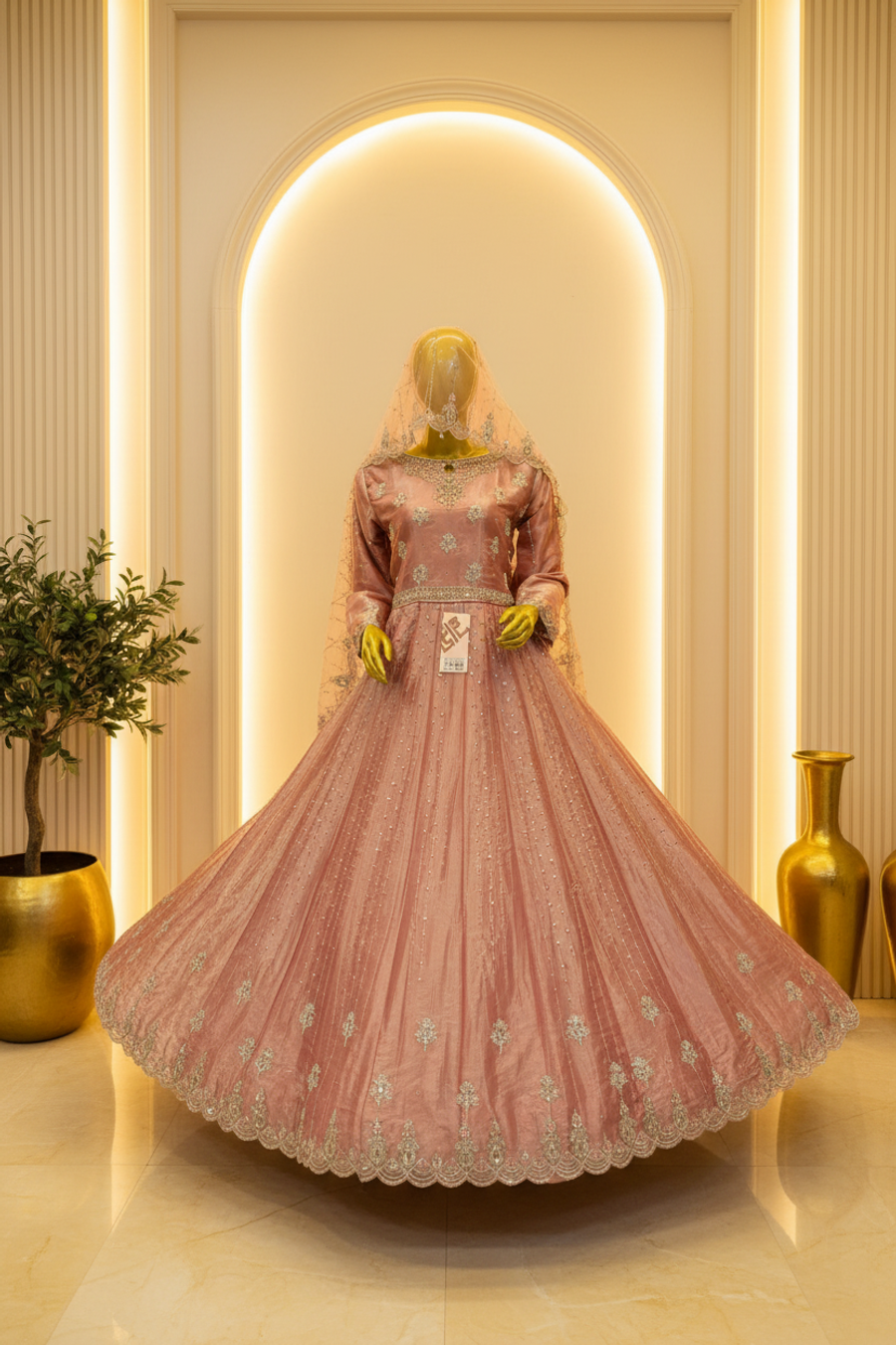 Dusty Rose Mauve Silk Anarkali Gown | Silver Crystal Booti & Jewellery Veil — view 4 — Bridal by Bawany Threads & Style