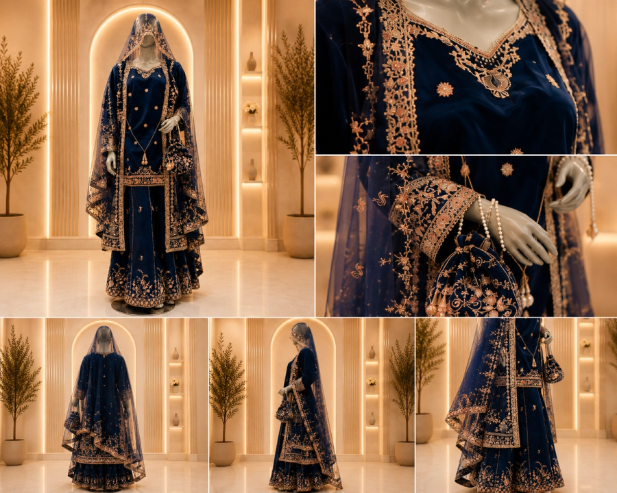 Royal Blue Heavy Gold Embroidered Velvet Sharara Suit — view 3 — Formals by Bawany Threads & Style