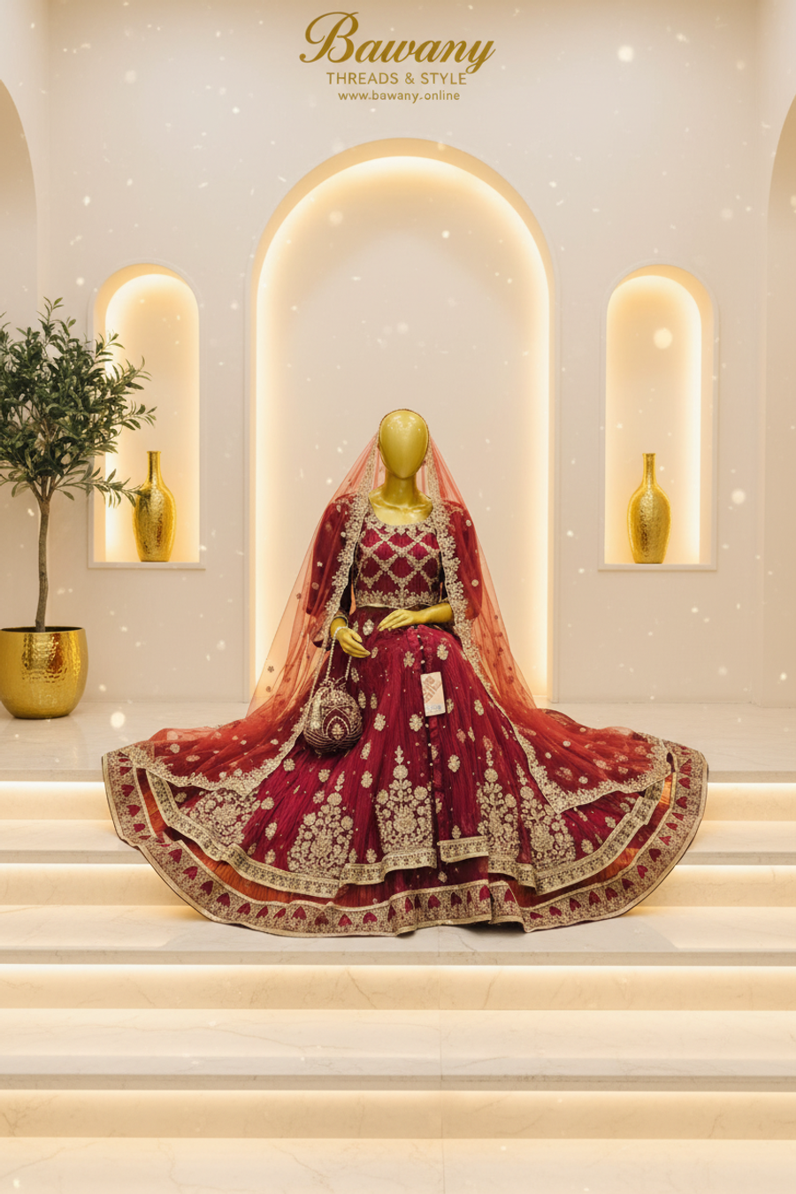 Maroon Bridal Lehenga Set | Gold Zardozi Diamond Grid Choli & Double Arch Border | 3-Piece Pakistani Formal Wear | Burgundy Wedding Lehenga | Barat & Walima Collection — view 3 — Formals by Bawany Threads & Style
