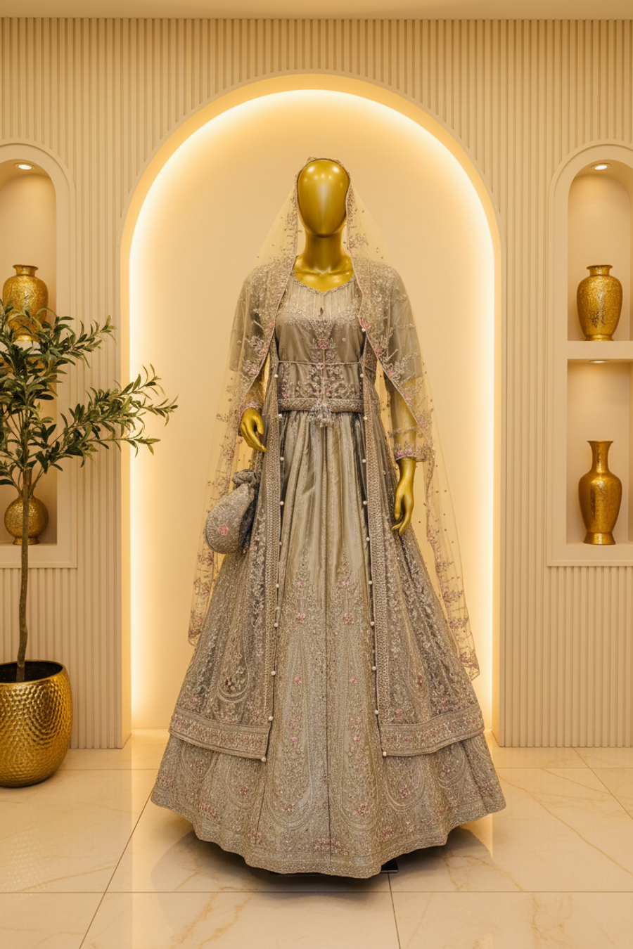 Silver Grey Heavy Embroidered Bridal Lehenga Set | Pink Rose Accents & Champagne Veil — Formals by Bawany Threads & Style
