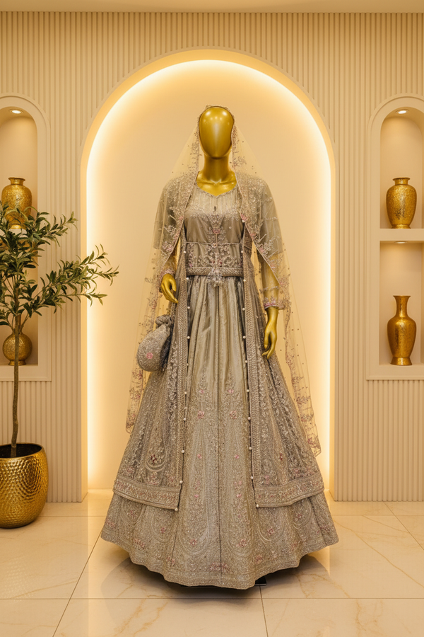 Silver Grey Heavy Embroidered Bridal Lehenga Set | Pink Rose Accents & Champagne Veil — Formals by Bawany Threads & Style
