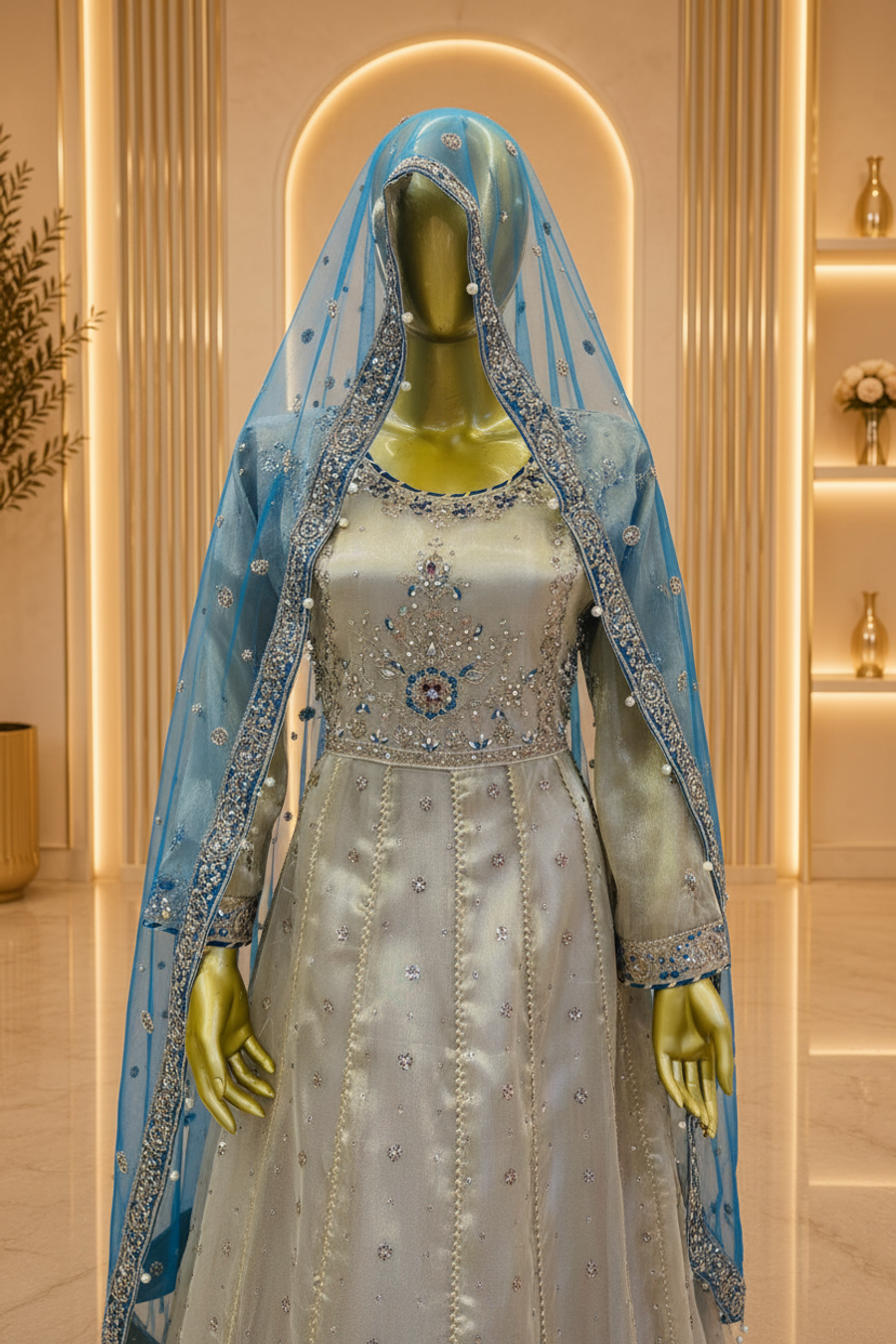 Champagne Ivory Organza Anarkali Gown with Sky Blue Dupatta & Navy Embroidered Hem — view 2 — Bridal by Bawany Threads & Style