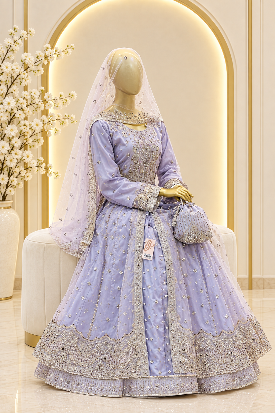 Lavender Pakistani Formal Gown | Metallic Floral Embroidery & Open-Front Panels | Pearl-Style Button Detail | Ivory Dupatta & Matching Potli | Occasion Collection — view 2 — Tissue by Bawany Threads & Style