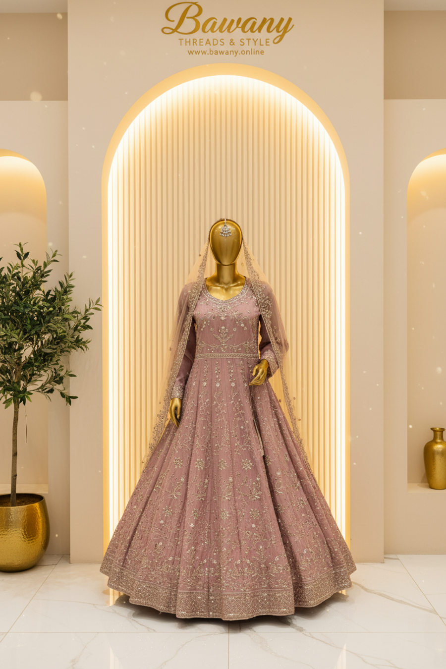Dusty Rose Bridal Anarkali Gown | Silver Zardozi Star Motifs & Double Border Hem | 2-Piece Pakistani Formal Wear | Mauve Pink Wedding Gown | Walima & Nikah Collection — view 2 — Tissue by Bawany Threads & Style