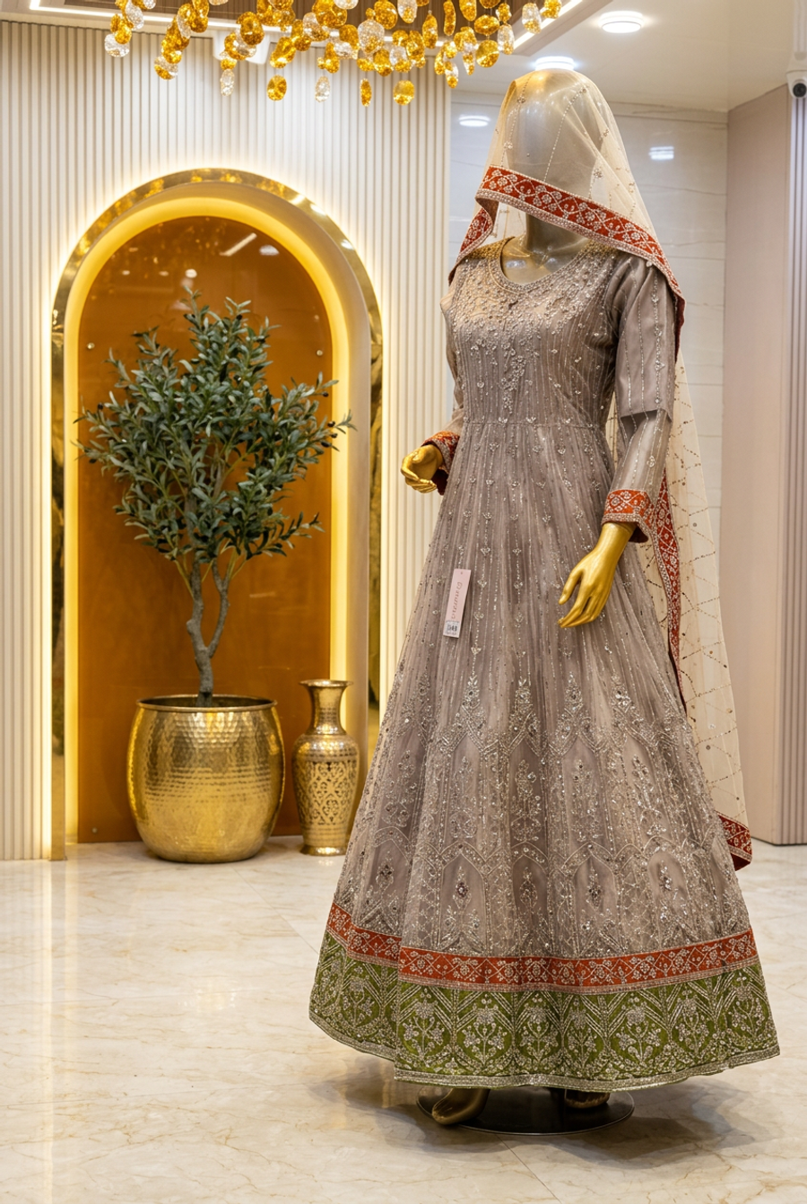 Grey Taupe Heritage Bloom | Silver Floral Embroidery & Olive-Green Hem | Pakistani Formal Flared Gown | Rust-Red Accents & Sheer Dupatta | BAWANY Collection — view 4 — Chiffon by Bawany Threads & Style