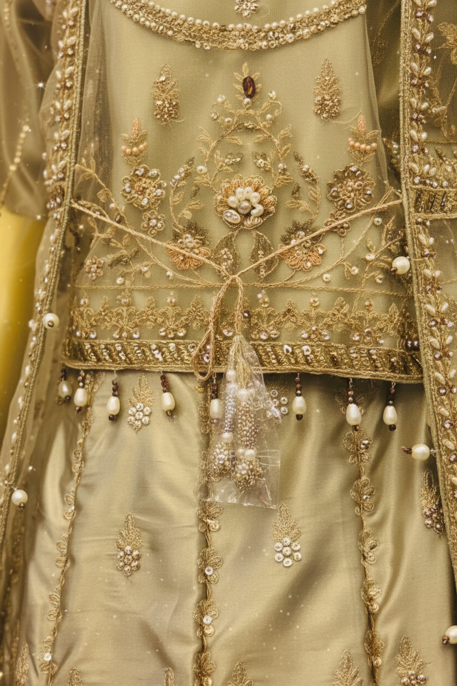 Sage Green Pistachio Silk Anarkali Gown | Pearl Booti Net Jacket with Veil — view 4 — Bridal by Bawany Threads & Style
