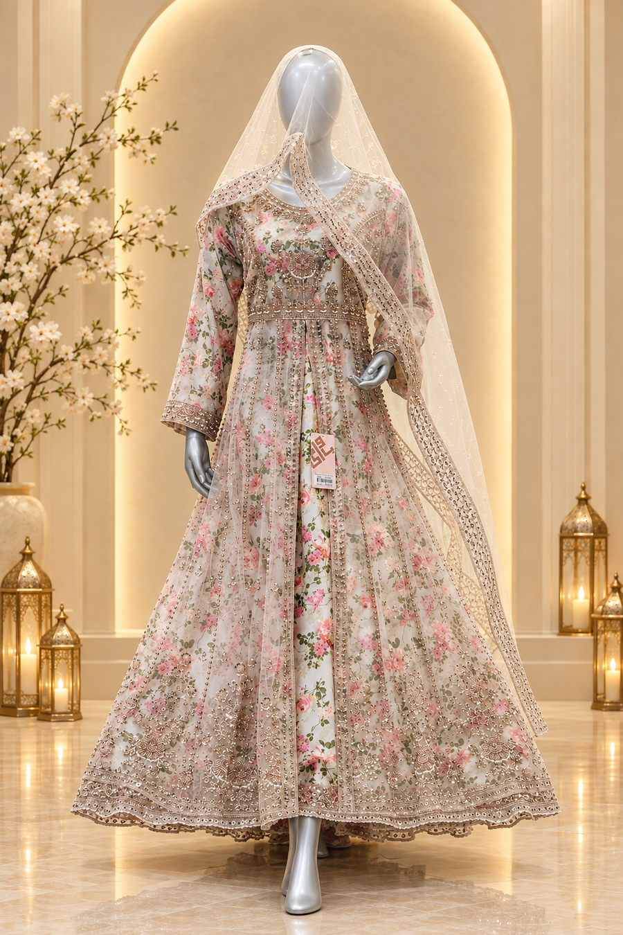Pale Blush Floral Embroidered Ensemble | Silver-Gold Bodice & Ornate Hem | Pakistani Formal Gown | Sheer Blush Dupatta | BAWANY Collection — view 2 — Organza by Bawany Threads & Style