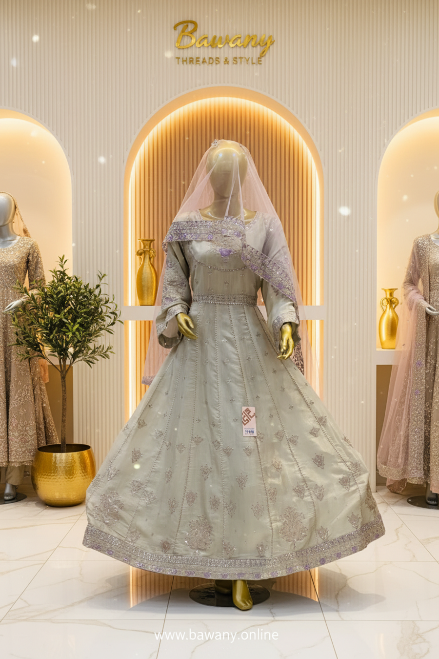 Sage Green Bridal Anarkali Frock | Square Neckline Lavender Border & Vertical Silver Lines & Scattered Fleur-de-lis Motifs | 2-Piece Pakistani Bridal Wear | Pale Olive Green Wedding Frock | Blush Pink Dupatta | Silver Lavender Zardozi | Nikah & Walima Collection — Organza by Bawany Threads & Style
