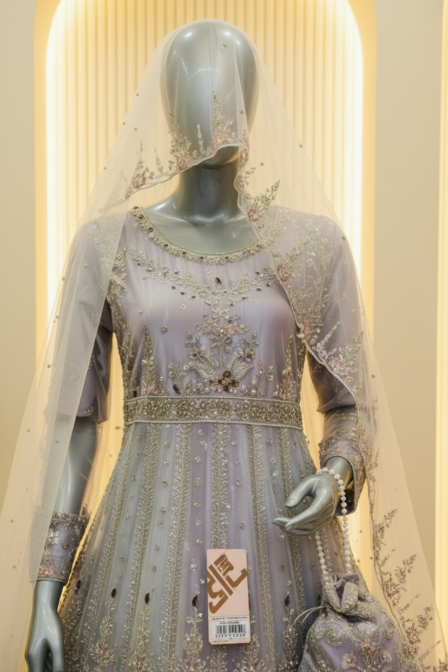 Silver-Grey Heavy Embroidered Bridal Anarkali | Nikah & Walima — view 4 — Bridal by Bawany Threads & Style