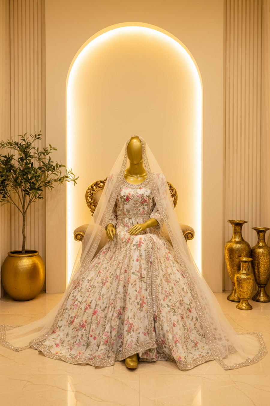 White Ivory Floral Net Anarkali Gown | Silver Crystal Embroidery & Scalloped Hem — view 2 — Bridal by Bawany Threads & Style