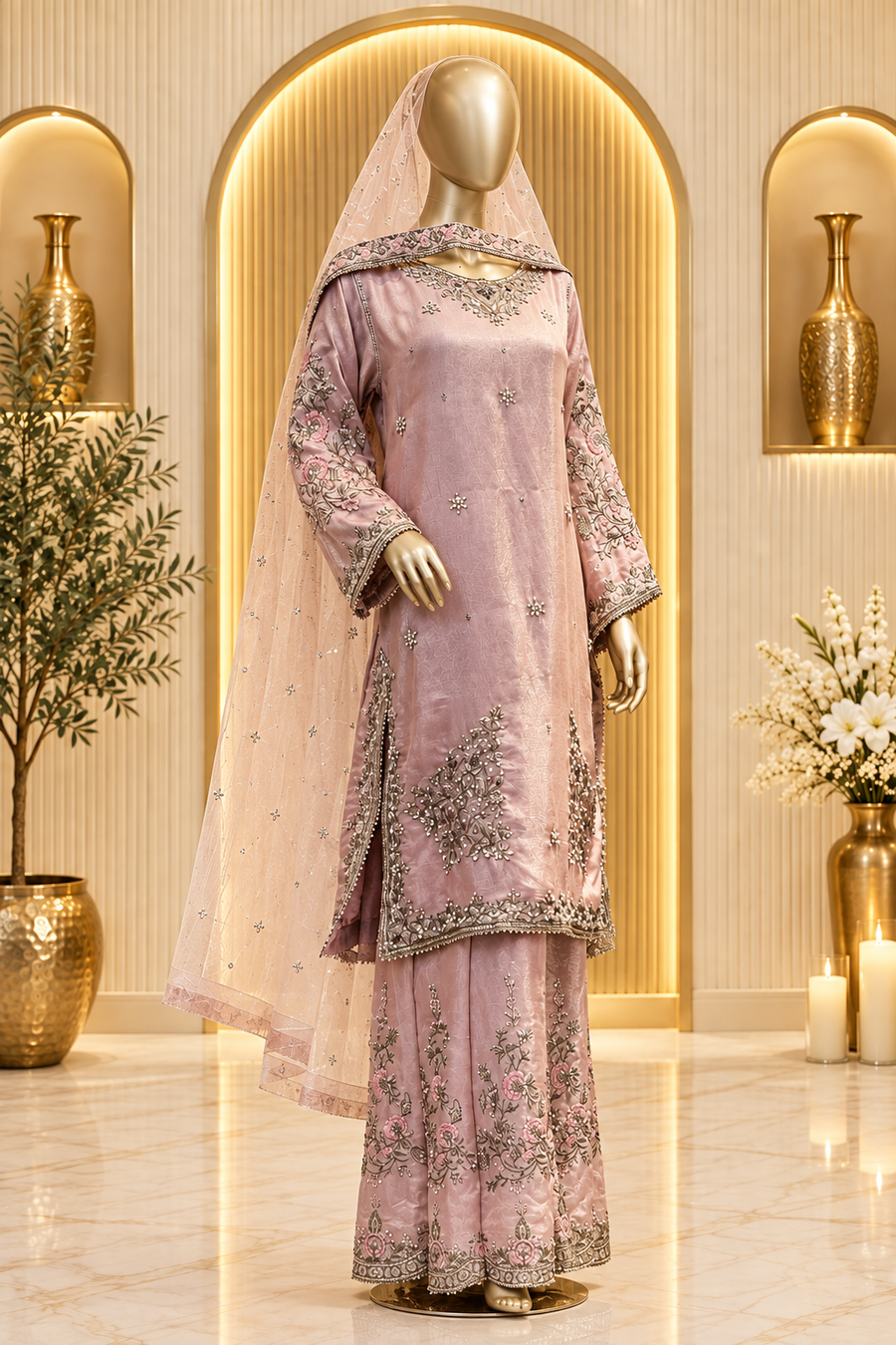 Dusty Mauve Pakistani Suit | Silver-Gold Floral Embroidery | 3 Piece Formal Kameez Trouser Set | Sheer Blush Dupatta | Occasion Collection — Organza by Bawany Threads & Style