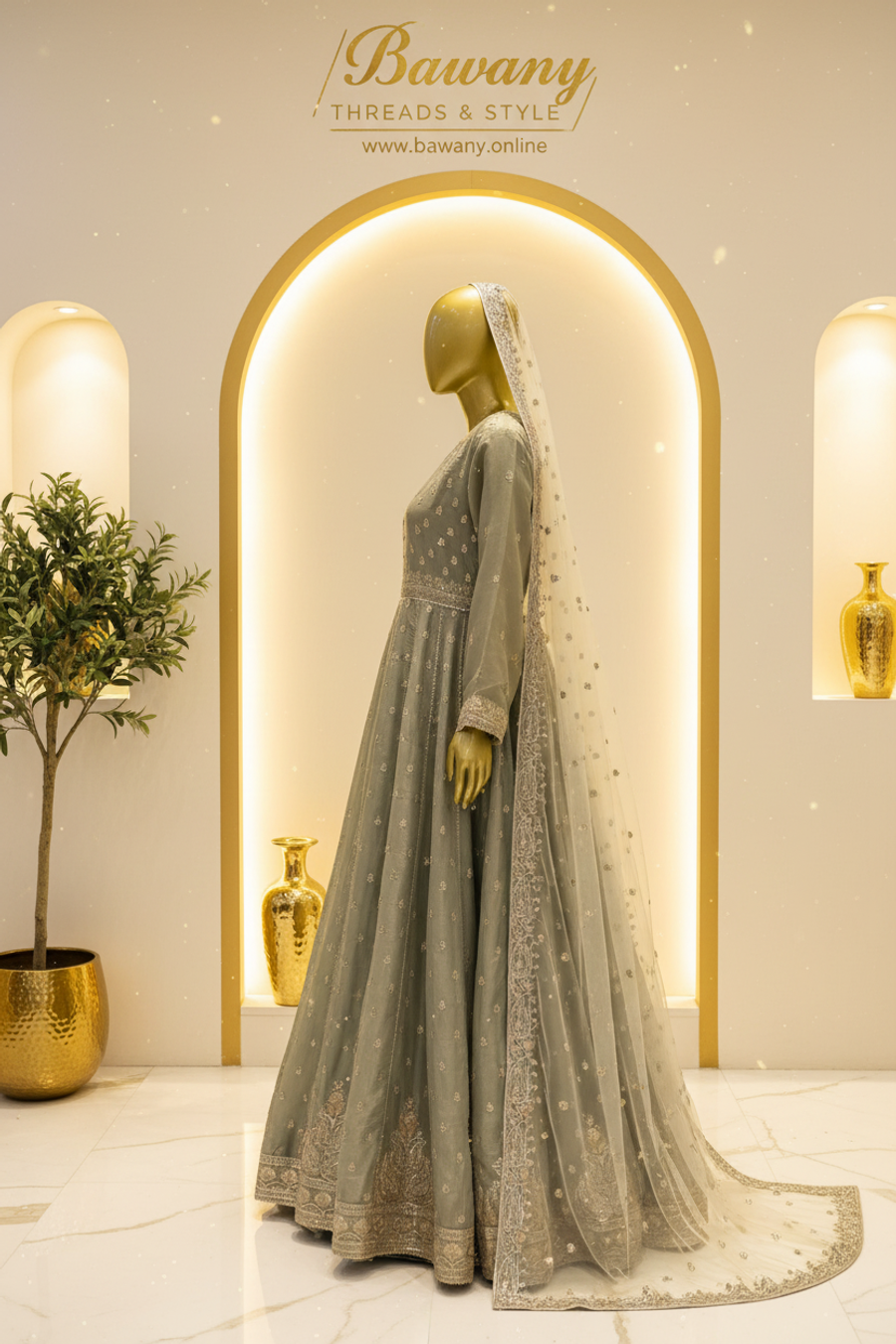 Sage Green Bridal Anarkali Frock | Delicate Chest Motif & Wide Gold Waistband & Panel Seam Lines | 2-Piece Pakistani Bridal Wear | Dusty Sage Silk Organza Frock | Scattered Floral Bouquet Motifs | Ornate Hem Border | Off-White Dupatta | Nikah & Walima Collection — view 4 — Formals by Bawany Threads & Style