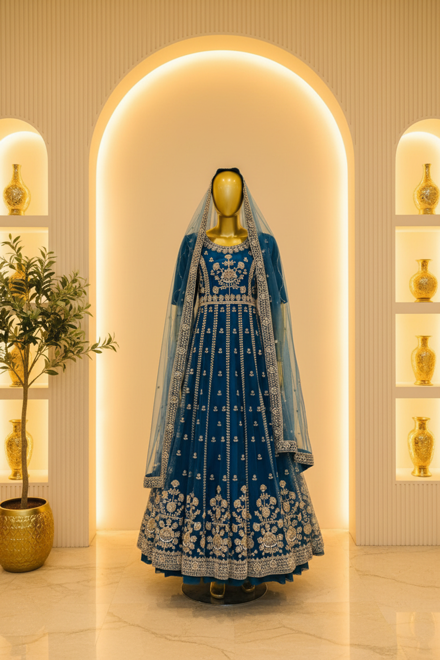 Teal Blue Heavy Zardozi Embroidered Bridal Anarkali | Gold Booti & Veil — Bridal by Bawany Threads & Style