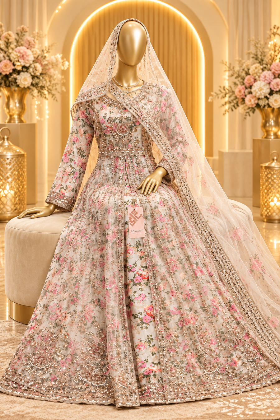 Pale Blush Floral Embroidered Ensemble | Silver-Gold Bodice & Ornate Hem | Pakistani Formal Gown | Sheer Blush Dupatta | BAWANY Collection — view 3 — Organza by Bawany Threads & Style