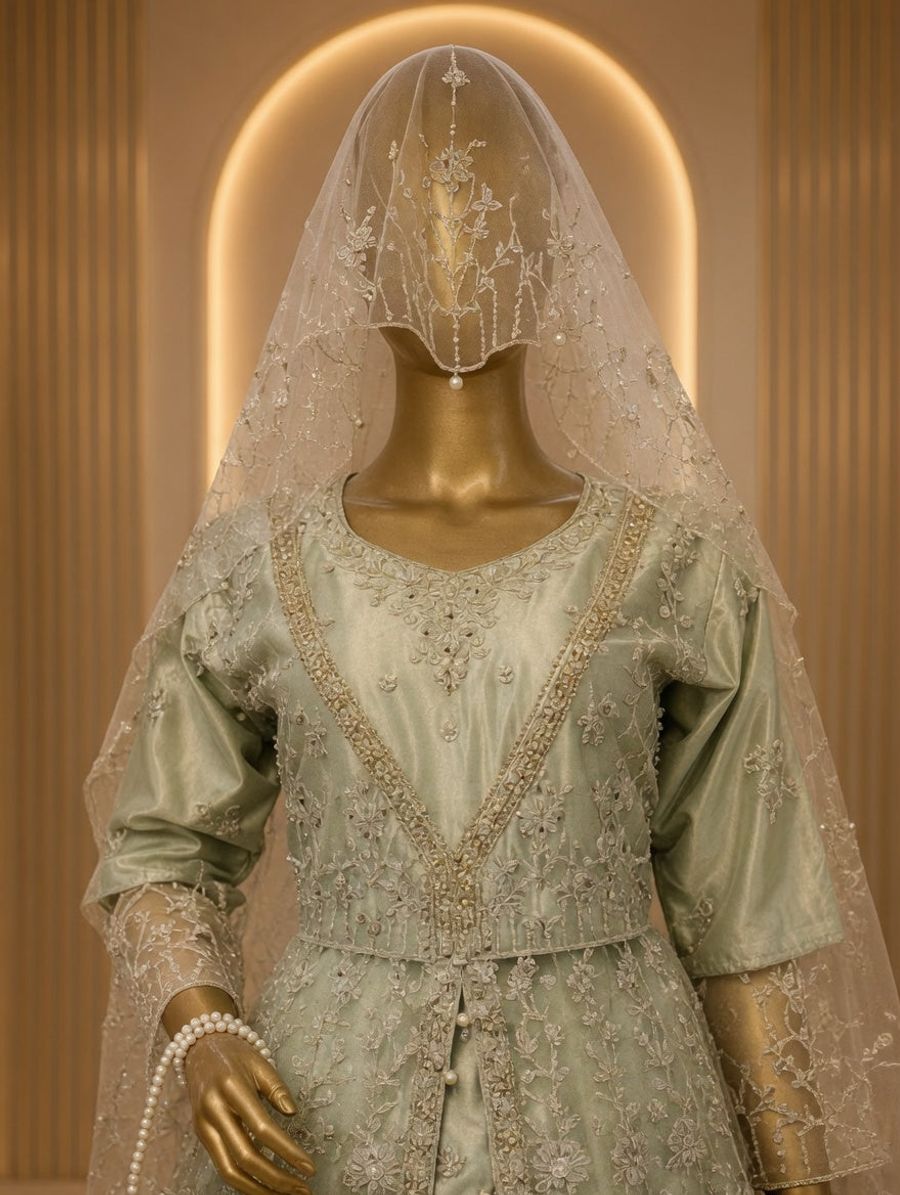 Sage Green Heavy Embroidered Bridal Gown with Veil & Potli Bag | Pakistani Walima & Wedding Dress — view 3 — Bridal by Bawany Threads & Style