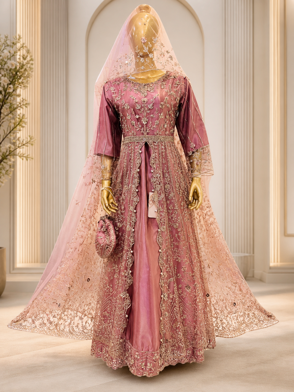 Dusty Rose Pink Heavy Embroidered Bridal Gown with Dupatta & Potli — Bridal by Bawany Threads & Style