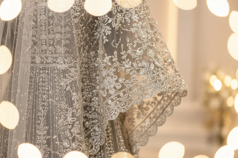 Charcoal Silver Embroidered Dress | Floral & Vertical Panel Work | Pakistani Formal Occasion Wear | Sheer Embroidered Veil | BAWANY Collection — view 4 — Bridal by Bawany Threads & Style