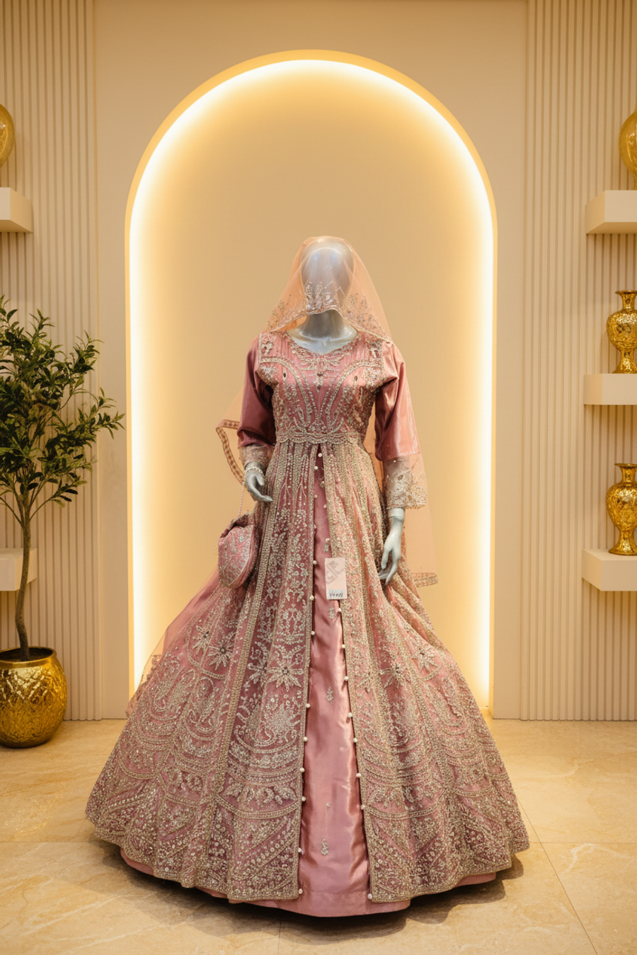 Dusty Rose Silk Bridal Lehenga Gown | Gold Zardozi Open Front Panel & Pearl Button Belt — view 2 — Bridal by Bawany Threads & Style