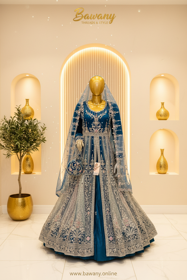 Teal Blue Bridal Suit | Silver Zardozi Yoke Border & Net Panel Skirt | 3-Piece Pakistani Formal Wear | Peacock Blue Wedding Suit | Pearl Drop Cuffs | Barat & Walima Collection — Formals by Bawany Threads & Style