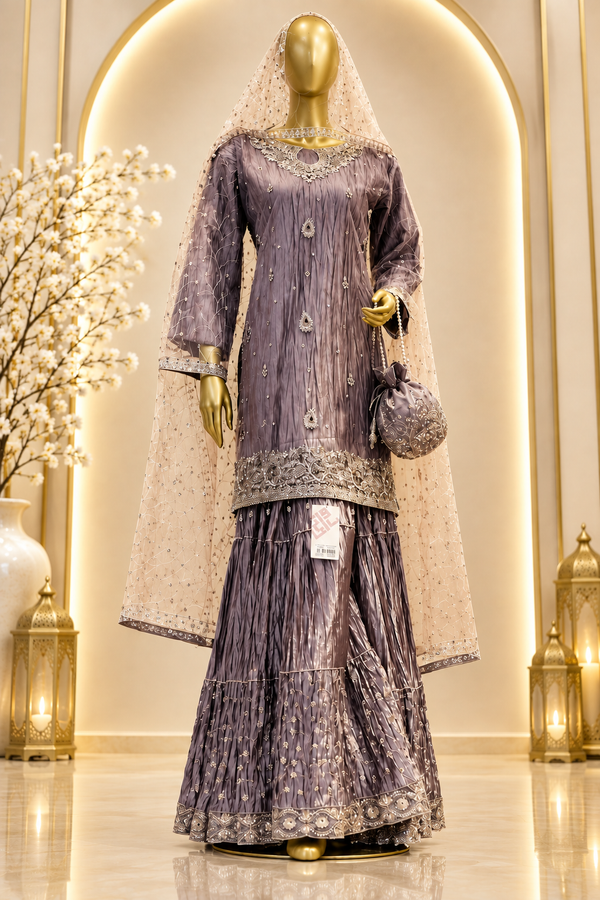 Smoky Mauve Grey Sharara Set | Silver Embroidered Cutout Neckline & Crinkled Sharara | Pakistani Formal Outfit | Blush Sheer Dupatta & Matching Potli — Bridal by Bawany Threads & Style