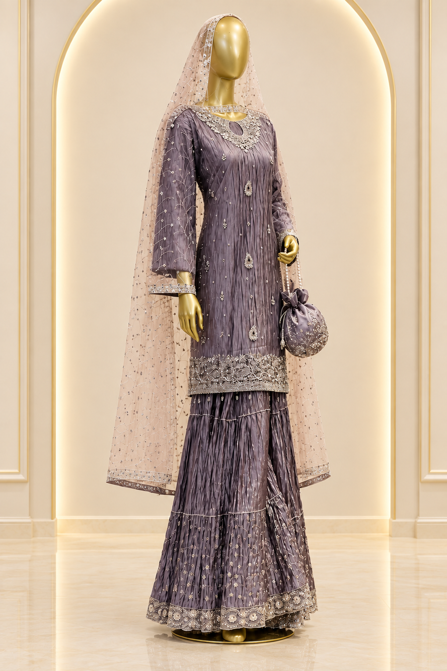 Smoky Mauve Grey Sharara Set | Silver Embroidered Cutout Neckline & Crinkled Sharara | Pakistani Formal Outfit | Blush Sheer Dupatta & Matching Potli — view 2 — Bridal by Bawany Threads & Style