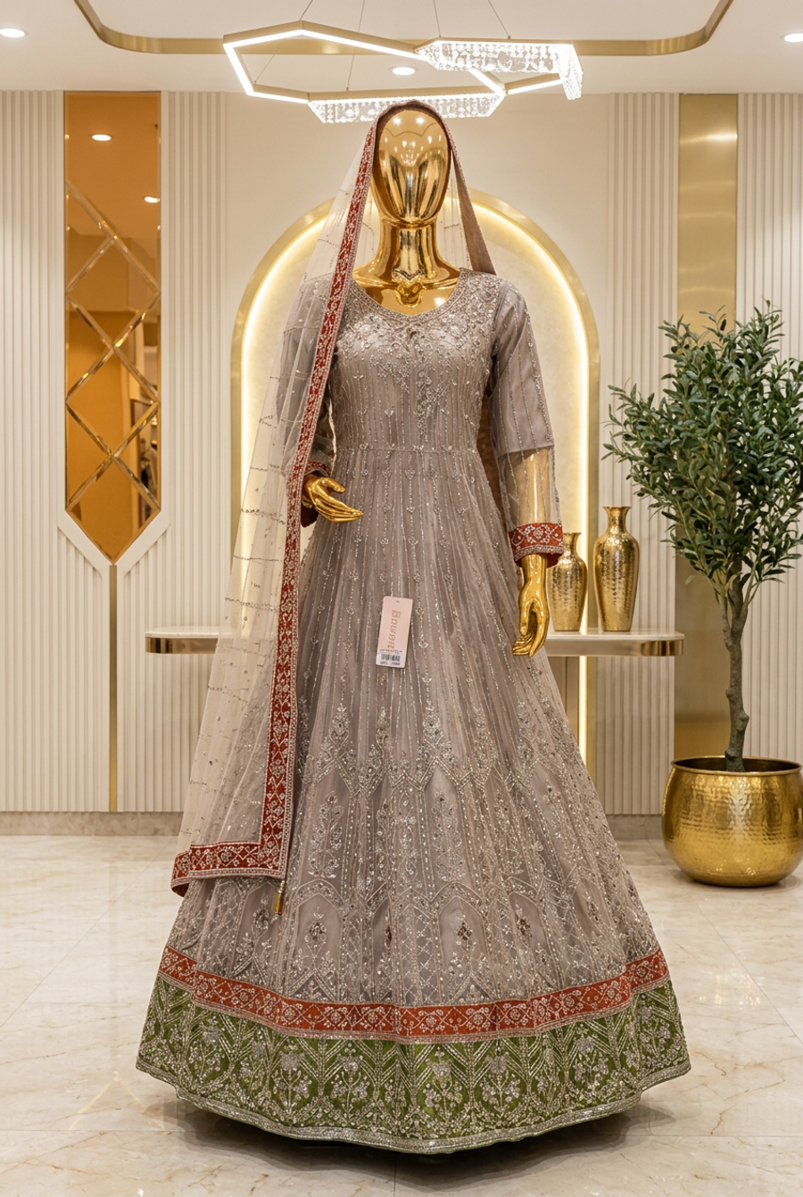 Grey Taupe Heritage Bloom | Silver Floral Embroidery & Olive-Green Hem | Pakistani Formal Flared Gown | Rust-Red Accents & Sheer Dupatta | BAWANY Collection — Chiffon by Bawany Threads & Style