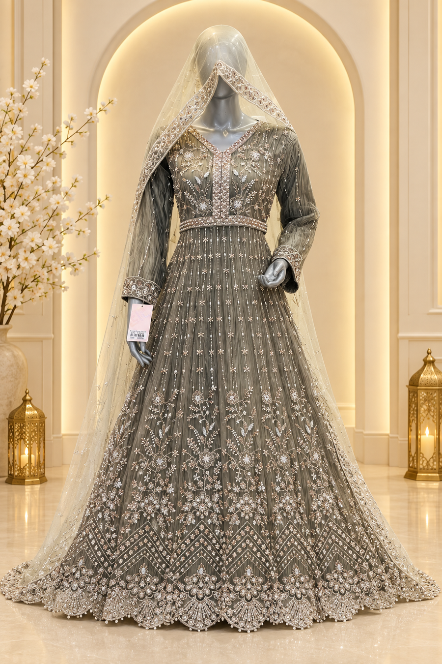 Charcoal Olive Embroidered Gown | Silver Floral Bodice & Scalloped Hem | Pakistani Formal Dupatta Outfit | Deep Olive-Grey Full Flare | BAWANY Collection — view 2 — Formals by Bawany Threads & Style