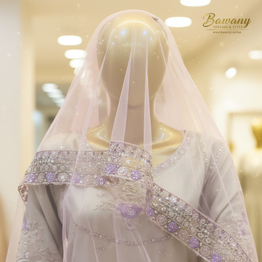 Sage Green Bridal Anarkali Frock | Square Neckline Lavender Border & Vertical Silver Lines & Scattered Fleur-de-lis Motifs | 2-Piece Pakistani Bridal Wear | Pale Olive Green Wedding Frock | Blush Pink Dupatta | Silver Lavender Zardozi | Nikah & Walima Collection — view 4 — Organza by Bawany Threads & Style
