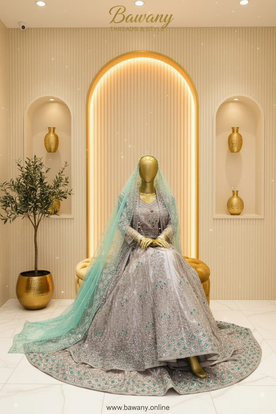 Silver Grey Bridal Anarkali Gown | All-Over Silver Zardozi & Emerald Green Mirror Embellishments | 2-Piece Pakistani Formal Wear | Dove Grey Wedding Gown | Pearl Waistband Drops | Mint Green Dupatta | Walima Collection — view 2 — Bridal by Bawany Threads & Style
